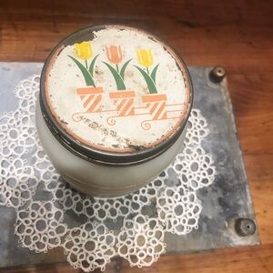 Vintage Anchor Hocking Fire King Tulips White Beehive Grease Jar Metal Lid